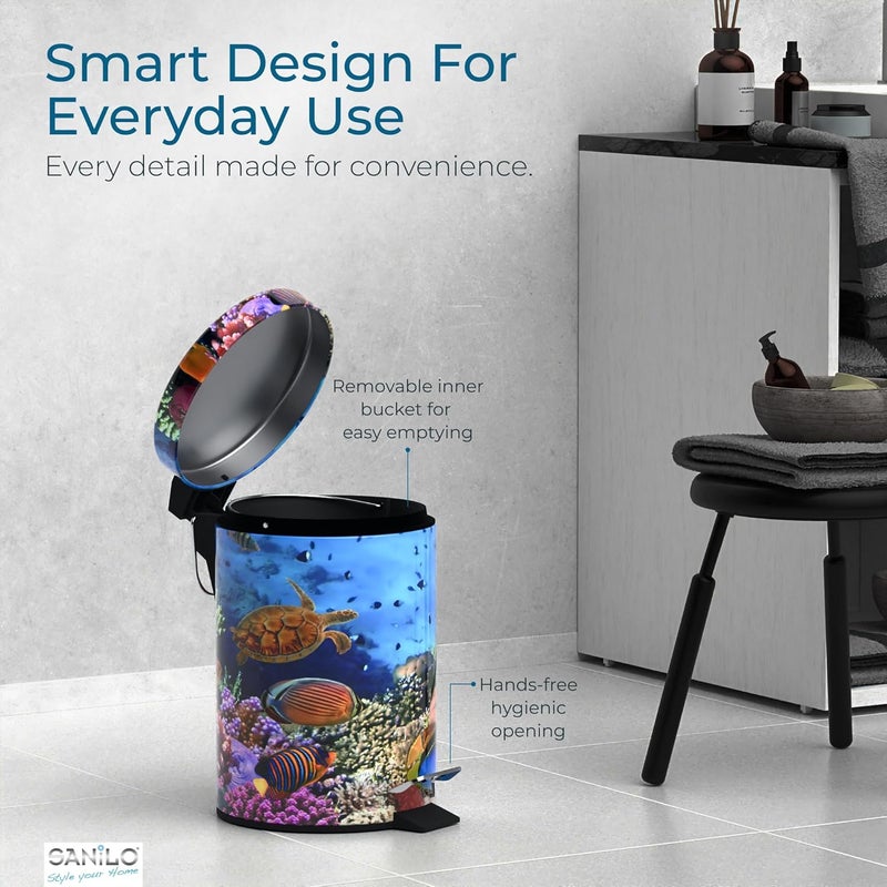 Sanilo Small Bathroom Trash Can with Lid [1.3 Gallon] - Lidded Tiny Trashcan for Garbage - Mini Metal Bin with Soft Closing Mechanism - Bath Room Accessoire Wastebin with Inner Bucket (Ocean) - Image 4